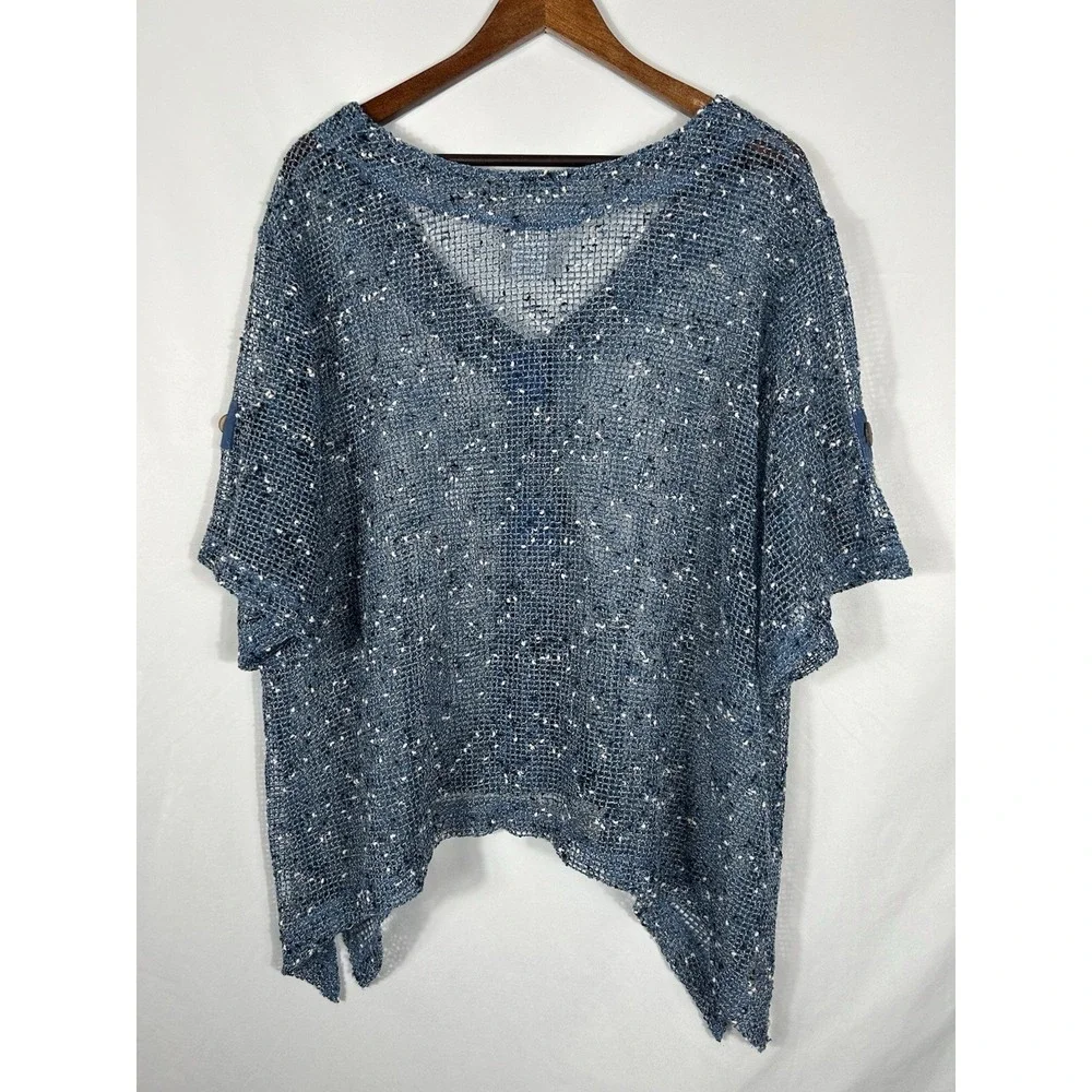 Blair Sheer Mesh Open‎ Knit Top Coconut Button Asymmetric Boho Art Beach Size XL